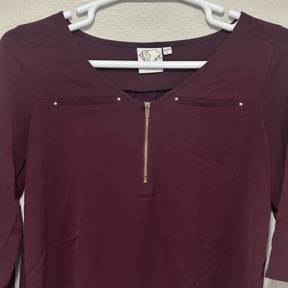 Janet Chung B2816-3504 Womens L Burgundy 3/4 Sleeve Blouse Gold-tone Hardware